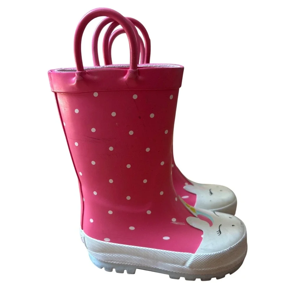 Carter's Rain Boots Kids Pink Unicorn Polka Dot Pull On SIZE 5M